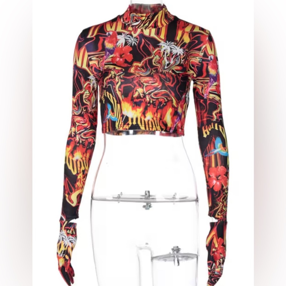 Seasons Fire Flame Print Crop Long Sleeve Gloved Turtleneck Women’s Size Small